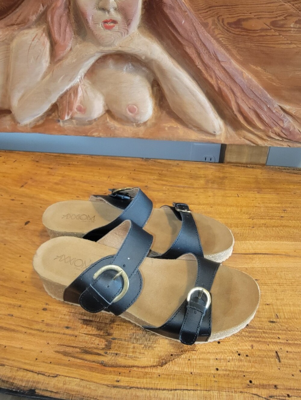 Axxiom Size 9 Black Leather Buckle 2" Wedge Cork Slide Sandals